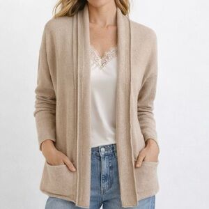 Max Studio 100% Cashmere Sweater 2Ply Shawl Collar Front Wrap Creamy Beige Tan M
